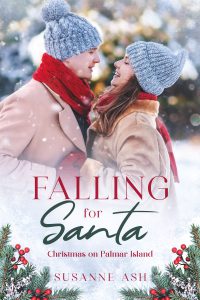 Book Cover for Falling for Santa by Susanne Ash. It features a wintery scene, a couple close to kissing and the title of the book.