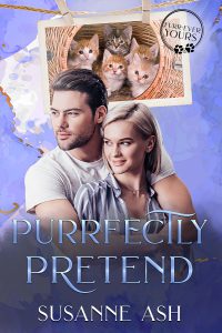 Book cover for Purrfectly Pretend by Susanne Ash. It features a happy couple and a littler of tiny kittens.